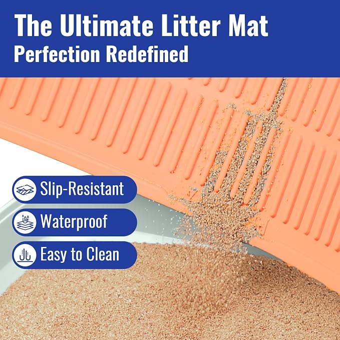 Easy Clean Litter Mat: 24" X 15" Silicone Groove Design Litter Trapping Mat Easy to Vacuum & Rinse - Waterproof Urineproof Surface for Floor - Non-Slip Backing for Kittens (Peach Pink)