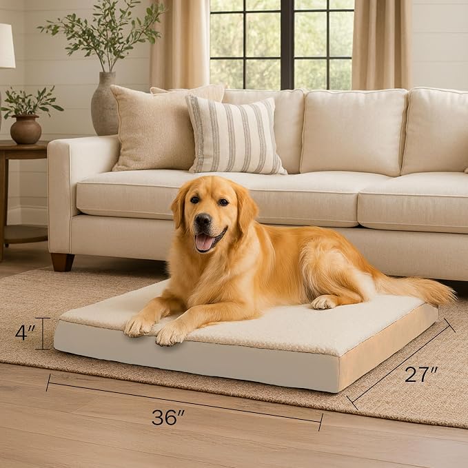 PETMAKER Orthopedic Dog Bed - 2-Layer Memory Foam Bed with Machine Washable Sherpa Top Cover - 36x27 Mattress for Large Dogs up to 65lbs (Tan)