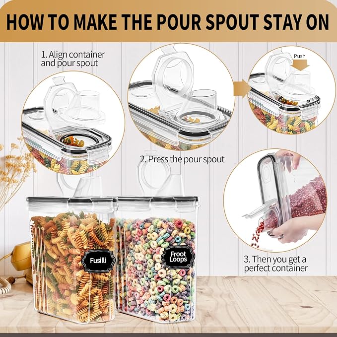 PRAKI Cereal Containers Storage Set (4L,135.2 Oz), 4PCS Airtight Food Storage Containers with Pour Spout for Kitchen & Pantry Organization Cereal Dispensers with 20 labels, Measuring Cup & Marker | Airtight Food Storage Containers for Kitchen & Pantry ...