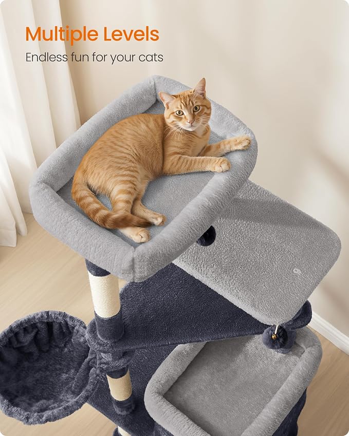 Feandrea Cat Tree Indoor, 60" Multiple-Level Plush Cat Tower, Dark Gray | 2 Caves, 3 Steps, 3 Scratching Posts, 3 Ball Toys, Cat Condo House for Large Adult Cats, UPCT007G02