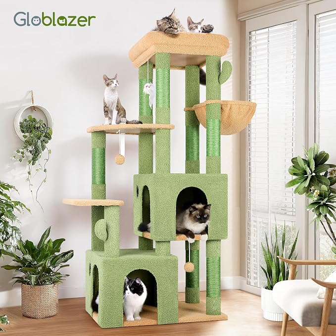 Globlazer Heavy Duty Cactus Cat Trees for Big Cats Maine Coon, F61, Green | Cat Tower for Indoor Large Adult Cats with Scratching Post, Extra Large Top Perch, Cat Condos, 61inch