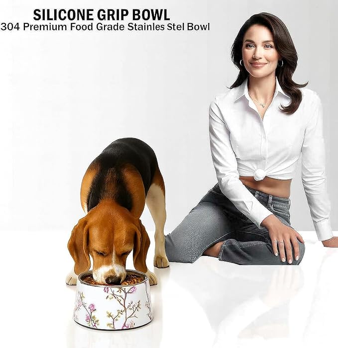 Ceramic Dog Bowl 7 inch Height for (30-55lbs) Medium Size Dogs Includes Food-Grade 304 Stainless Steel Bowls Non-Slip 3.8 Cups(860ml) Bowl Feeder in an Artful and Design (White)