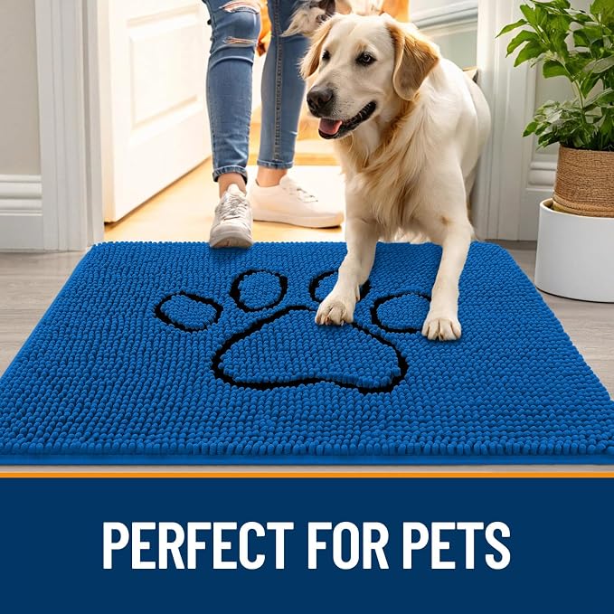 OLANLY Dog Door Mat for Muddy Paws 30x20, Paw Print Design Chenille Mud Mat | Deep Navy Blue, Absorbent, Traps Moisture and Dirt, Non-Slip Washable Doormat, Quick-Dry Indoor Entryway Carpet for Dogs