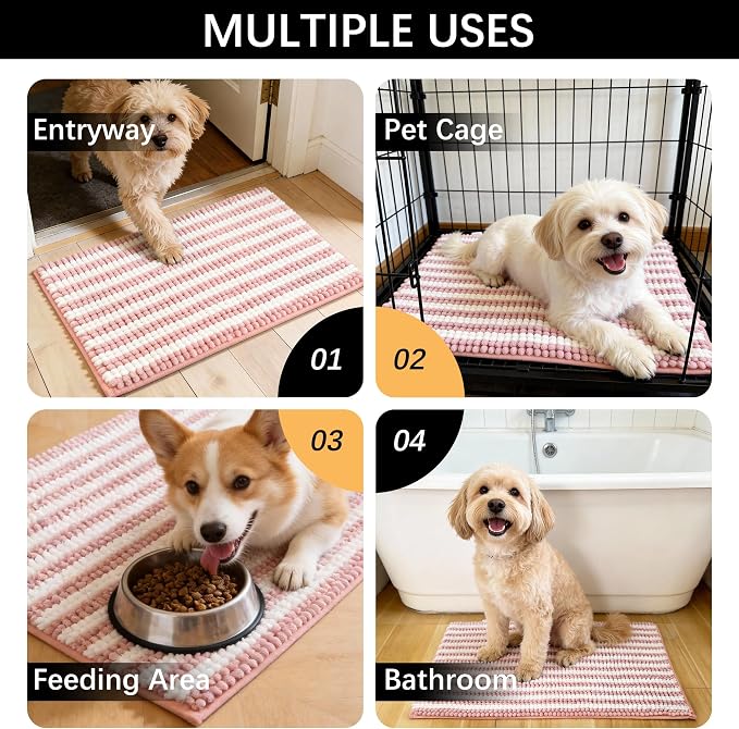 Dog Door Mat for Muddy Paws - Absorbent Quick-Dry Non-Slip Washable Chenille Pet Rug, Indoor Entryway Mat for Front Door & Crate(Pink, 30" L*18" W)