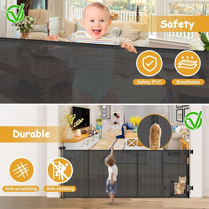 Reinforced 90” Extra Wide Retractable Pet Gate with Cat Door 33 Inch Tall Mesh Baby Gate Retractable Dog Gates for Doorways Extra Wide Baby Gates for Large Openings with Reinforced Strips, Black