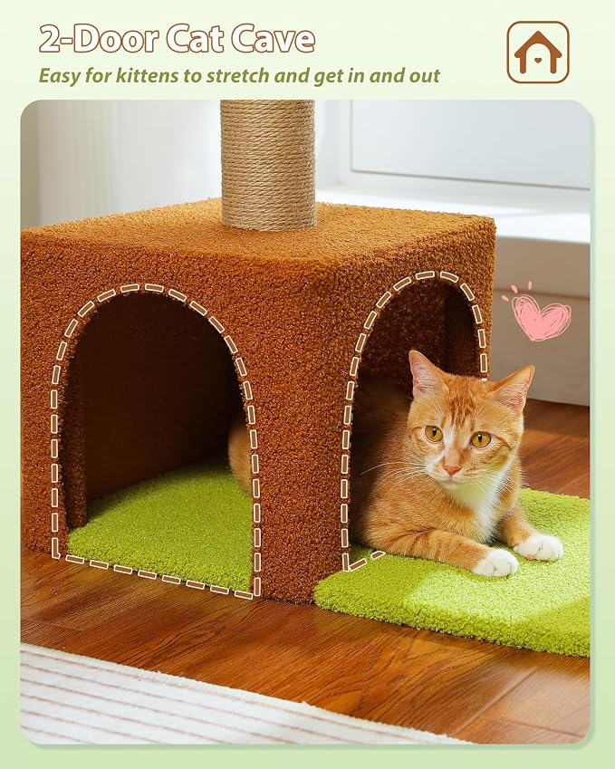 35" Flower Cat Tree for Kittens with Hammock & Sisal Posts, Brown | Flower-shaped top perch, Metal frame hammock, Sisal scratching posts, Cozy pink condo, Sturdy stable base, For small cats