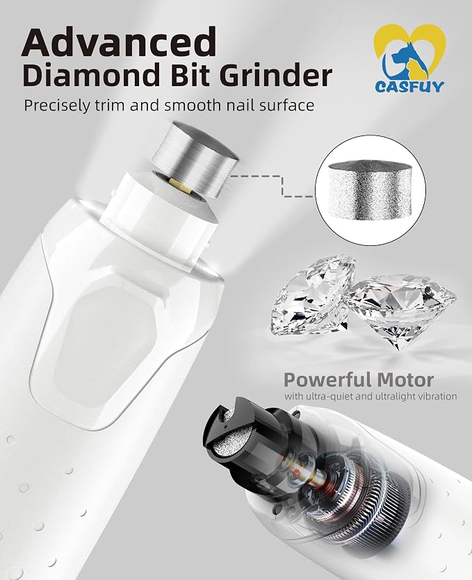 Casfuy Dog Nail Grinder Quiet - (45db) 6-Speed Pet Nail Grinder with 2 LED Lights for Large Medium Small Puppy Dogs/Cats, Professional 3 Ports Rechargeable Electric Dog Nail Trimmer with Dust Cap