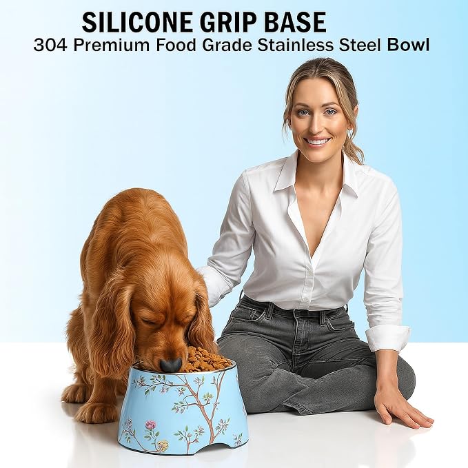 Ceramic Dog Bowl 7 inch Height for (30-55lbs) Medium Size Dogs Includes Food-Grade 304 Stainless Steel Bowls Non-Slip 3.8 Cups(860ml) Bowl Feeder in an Artful and Design(Blue)