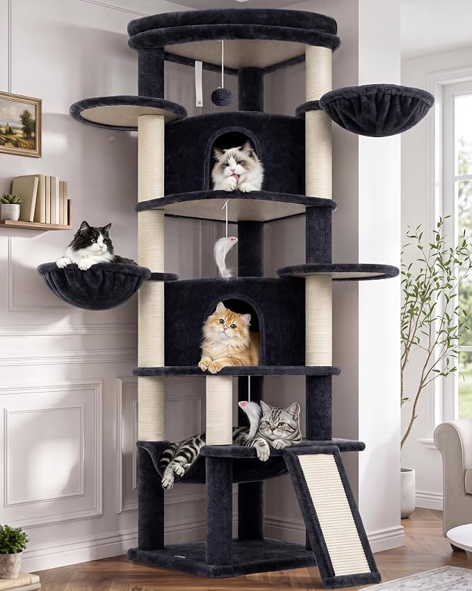 Globlazer 73in Corner Stable Cat Tree for Indoor Cats, C73, Dark Grey | Space-Saving Multi-Level Climbing Tower, Large Fan-Shaped Condos & Top Perch, 8 Full-Sisal Posts & Board, Metal Baskets