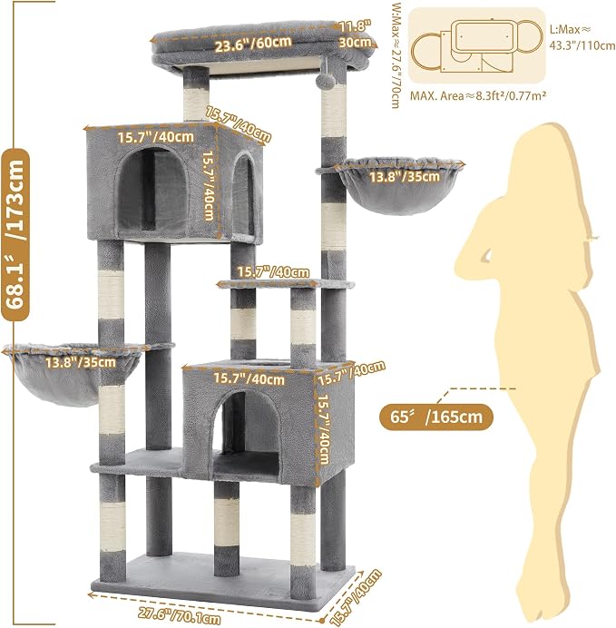 Heybly 68.1" Cat Tree with Oversized Top Platform & Wide Base HCT059W | Heavy Duty Cat Tower for Large Indoor Cats with 2 Condos, 2 Hammocks, 10 Sisal Scratching Posts, Stable Cat House, Light Gray