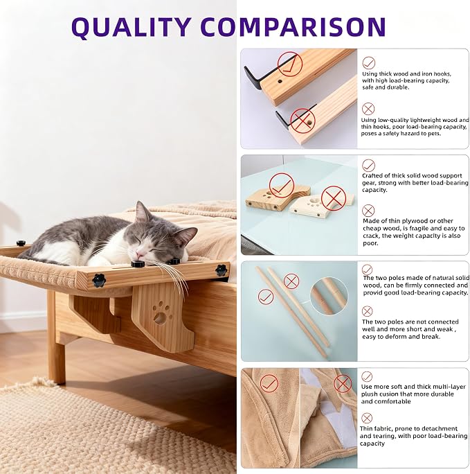 ESPETS Wooden Cat Window Bed for Large Cats, Khaki Cat Window Perch Hammock | Solid Wood Window Large Perch, Sturdy Large Size Shelves, Soft Thick Removable Cushion, Easy Assemble Adjustable, Hold 40LBS