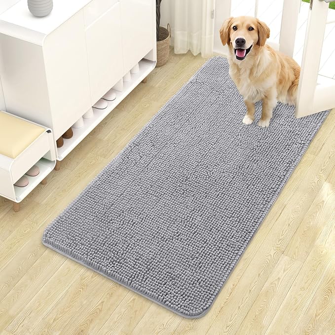 OLANLY Dog Door Mat for Muddy Paws 44x24, Super Absorbent Chenille Mud Mat | Light Grey, Absorbs Moisture and Dirt, Non-Slip Machine Washable Doormat, Quick-Drying Indoor Entryway Floor Carpet for Dogs