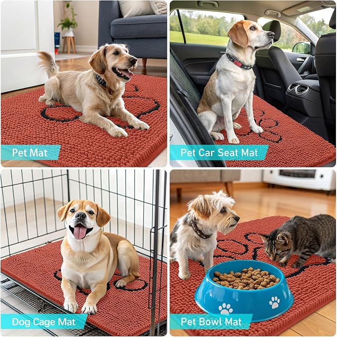 OLANLY Dog Door Mat for Muddy Paws 30x20, Paw Print Design Chenille Mud Mat | Maple Red, Absorbent, Traps Moisture and Dirt, Non-Slip Washable Doormat, Quick-Drying Indoor Entryway Floor Carpet for Dogs