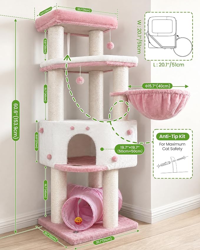 Cat Tree Tower for Large Cats Adult - 60 Inch XXL Sturdy Heavy Duty Extra Wide Scratching Posts (φ4.4in) Condo - Indoor Big Cat House Hammock Perch - XL Wood Multi Level Feline Pet Bed Trees Houses
