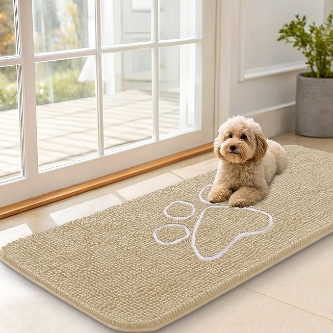 OLANLY Dog Door Mat for Muddy Paws 47x20, Paw Print Design Chenille Mud Mat | Beige, Absorbent, Traps Moisture and Dirt, Non-Slip Washable Doormat, Quick-Drying Indoor Entryway Floor Carpet for Dogs