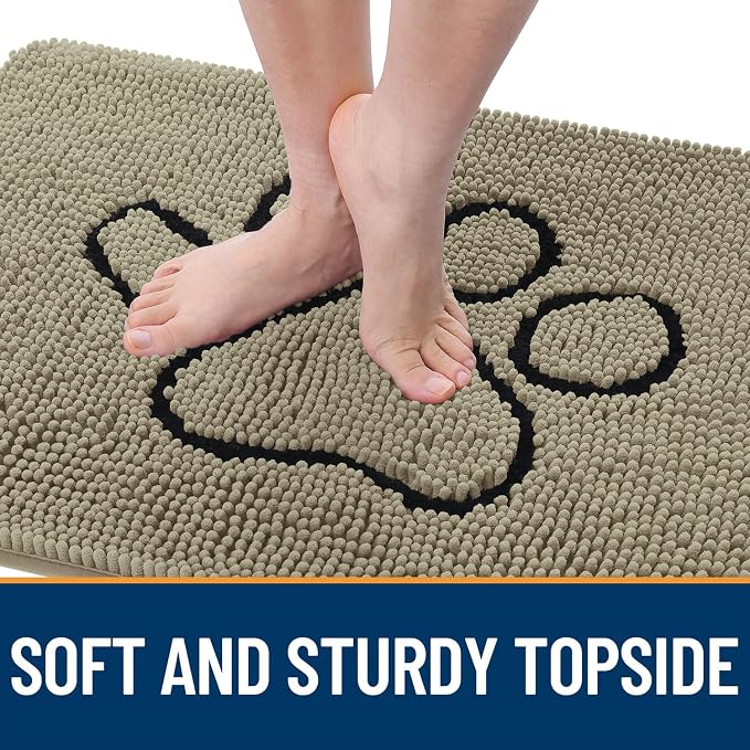 OLANLY Dog Door Mat for Muddy Paws 36x24, Paw Print Design Chenille Mud Mat | Warm Taupe, Absorbent, Traps Moisture and Dirt, Non-Slip Washable Doormat, Quick-Drying Indoor Entryway Floor Carpet for Dogs