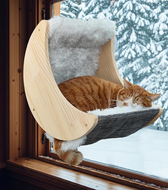 Cat Window Perch, Plywood Moon Bed with 4 Heavy-Duty Suction Cups | Ultra Plush Faux Wool Fur,Window-Mounted, Drill-Free, Up to 40 lb Support, For Small to Medium Cats, Machine-Washable Pad