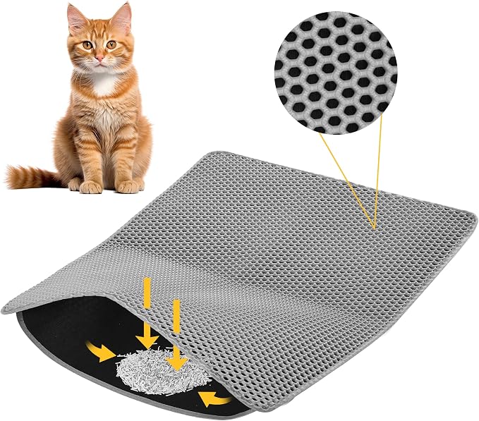Large Cat Litter Mat 30 x 24 Inch, Double-Layer Honeycomb Litter Trapping Mat with Waterproof Leatherette Bottom, Urine-Resistant, Non-Slip, Easy to Clean, Gray