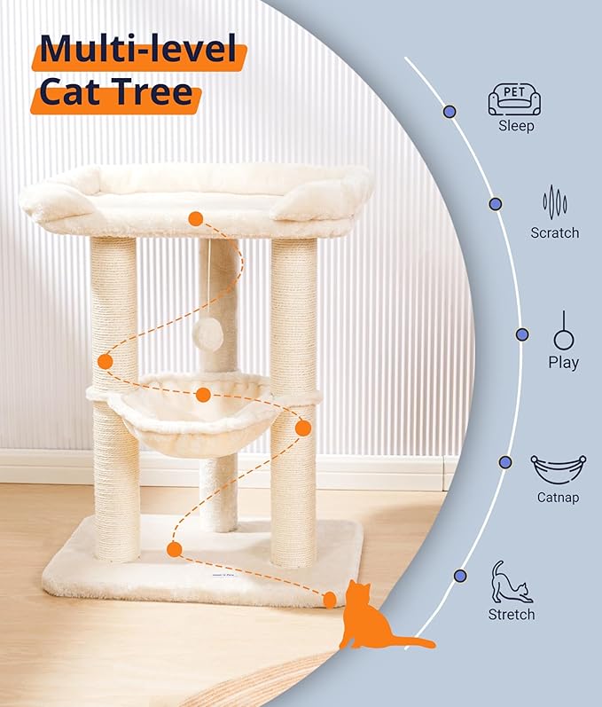 Happi N Pets 28" Cat Tree, Large Bed for Big Cats, Small Cat Tower with Soft Perch for Window Viewing, Stable Cat Tree Tower, Cat Scratching Post with Hammock, Removable Cover-Beige