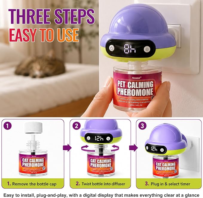 Cat Calming Pheromone Diffuser 2 Diffusers & 6 Refills, Smart Cat Calming Diffuser with 4/8/12/24-Hour Timer, Daily Auto-On, Helps Reduce Anxiety, Spraying & Scratching