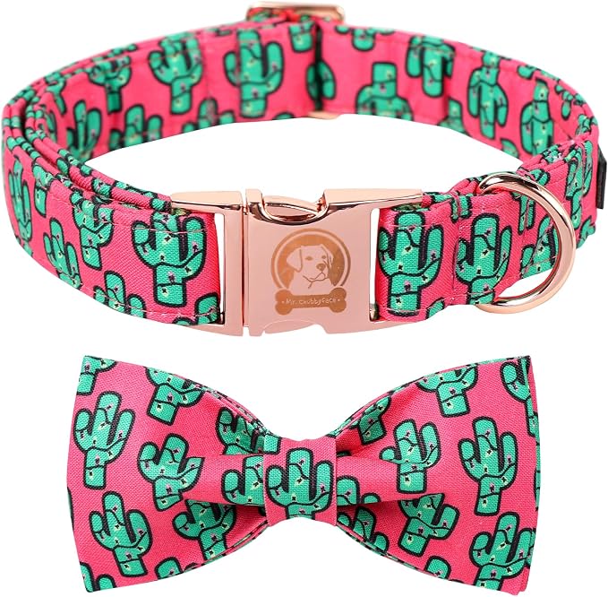 ·MR. CHUBBYFACE· Pink Cactus Dog Collar with Bow Cute Brown Pet Collar Bowtie Spring Girl Boy Puppy Collar for Small Medium Large Dogs
