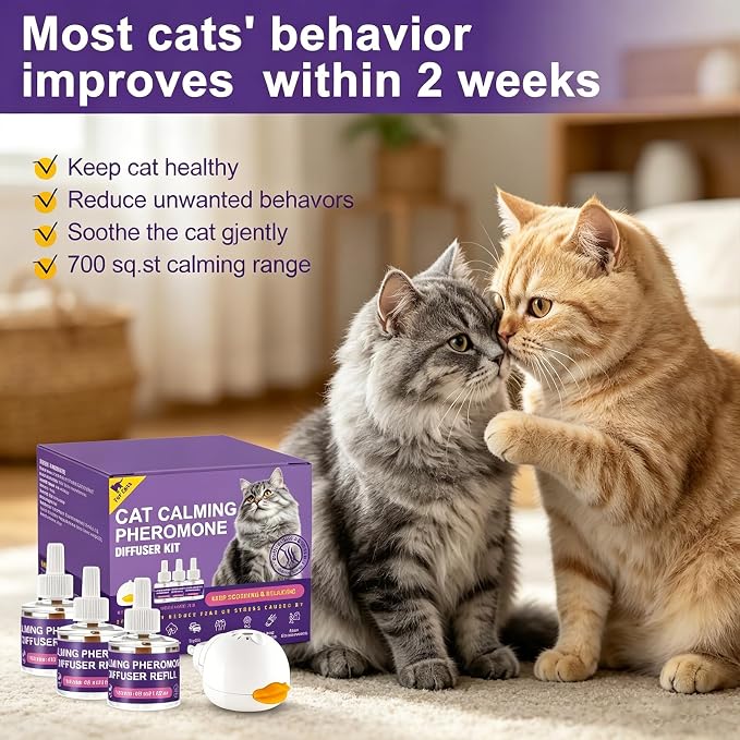 Cat Calming Diffuser Kit 1 Diffuser Plus 3 Refills 90-Day Support Cat Pheromone Diffuser for Feline Calming Urine Marking Excessive Meowing Scratching Odorless Formula for All Felines