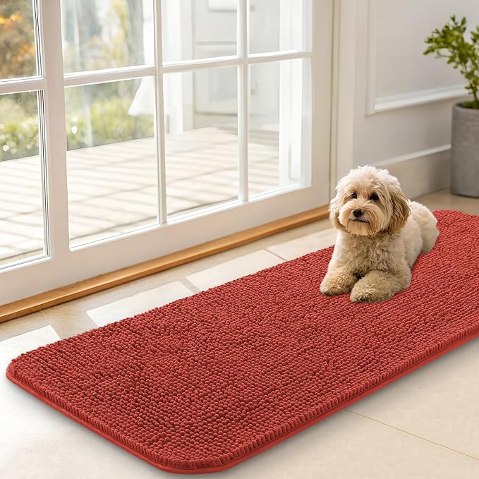 OLANLY Dog Door Mat for Muddy Paws 47x17, Super Absorbent Chenille Mud Mat | Maple Red, Absorbs Moisture and Dirt, Non-Slip Machine Washable Doormat, Quick-Drying Indoor Entryway Floor Carpet for Dogs