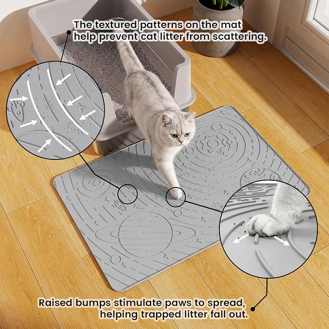 OHMO Cat Litter Mat Medium 23.6x15.7in, Light Grey Silicone Rubber Scatter Control Kitty Litter Box Trapping Mat, Waterproof Easy to Clean, Odorless Pet Supplies, Indoor Cat Essentials