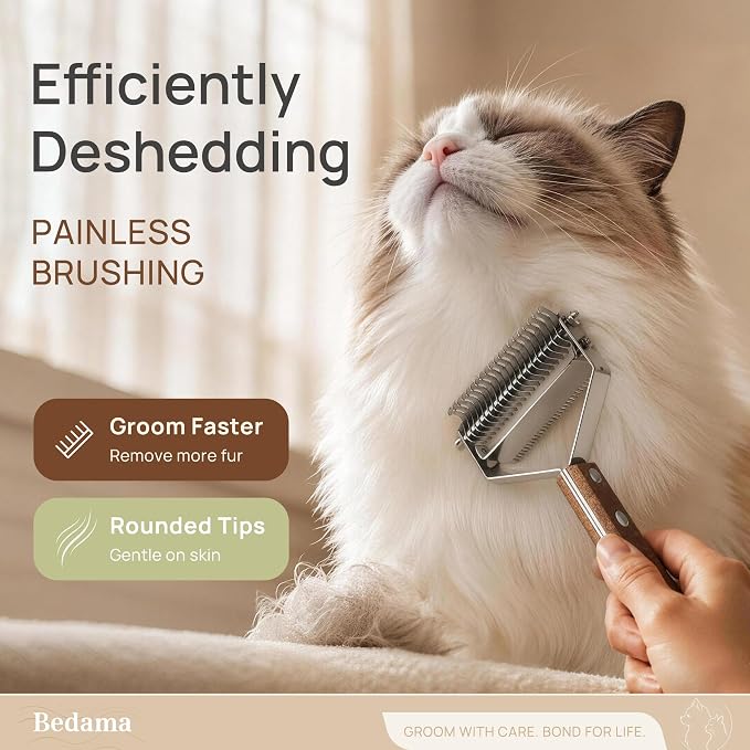 2 in 1 Cat Brush for Dematting & Deshedding, Undercoat Rake | Stainless steel undercoat rake for cats and small dogs helps remove loose hair, mats and tangles; grooming comb included