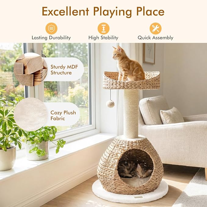 28-inch Modern Cat Tree, Small Cute Cat Tower Sisal Scratching Post, Hand-Made Wicker Condo and Top Perch, Interative Dangling Ball, Ideal for Indoor Cats