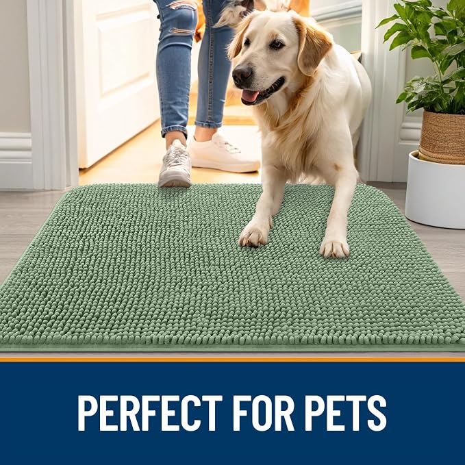 OLANLY Dog Door Mat for Muddy Paws 40x32, Super Absorbent Chenille Mud Mat | Olive Green, Absorbs Moisture and Dirt, Non-Slip Machine Washable Doormat, Quick-Drying Indoor Entryway Floor Carpet for Dogs
