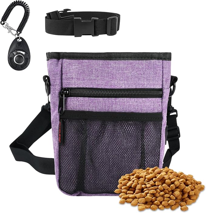 Dog Treat Pouch, Magnetic Closure, Dog Clicker- Purple | Dog Training Treat Pouch, Large Size, Nylon Material, Magnetic Closure & Clicker, for Walking, Obedience & Outdoor Use