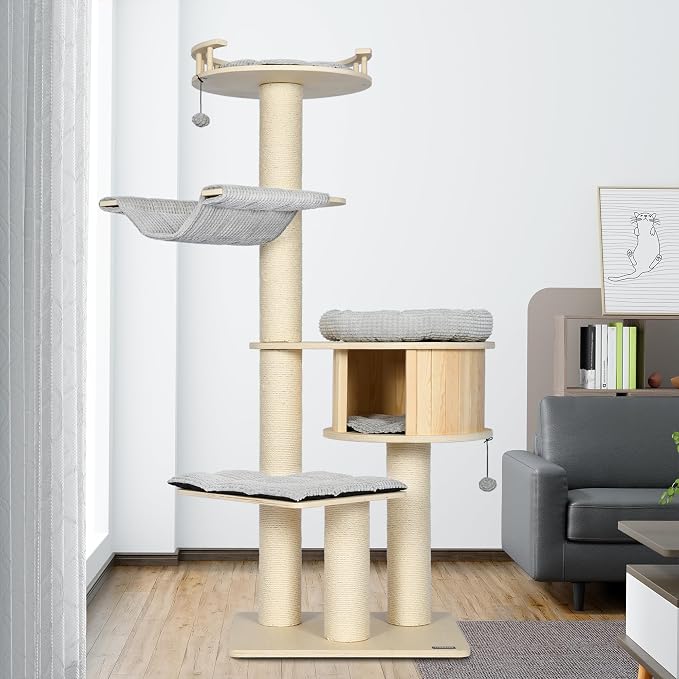 Tall Cat Tree, 68" Large Cat Tower Multi-Level Platforms with Sisal Scratching Posts, Cat Tree for Large Cats 20 lbs Heavy Duty, Cat Condo Furniture for Active Cats, Top Fence Safety