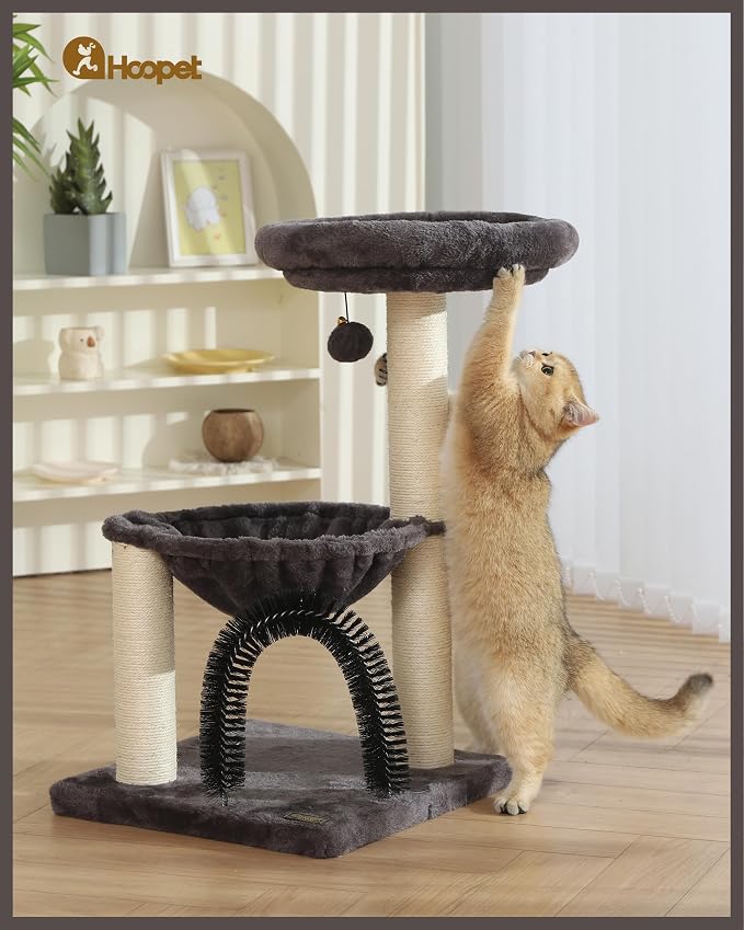 Cat Tree Tower for Indoor Cats, 27.8 Inches Multi-Level Cat Tree with Scratching Posts Plush Basket & Perch for Play Rest, Cat Activity Tree with Dangling Ball for Kittens/Small Cats