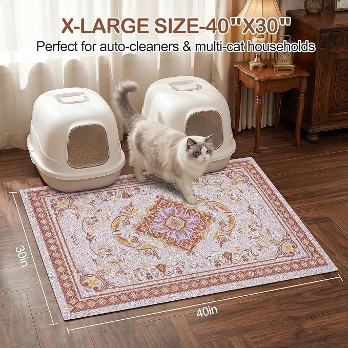 Glittme Cat Litter Mat with Non-Slip Bottom Litter Box Mat 40"X30" Litter Trapping Mat Easy to Clean Washable Cat Food Mat for Kitty,XL