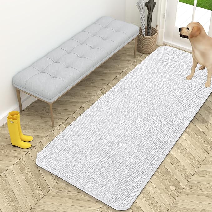 OLANLY Dog Door Mat for Muddy Paws 59x24, Super Absorbent Chenille Mud Mat | White, Absorbs Moisture and Dirt, Non-Slip Machine Washable Doormat, Quick-Drying Indoor Entryway Floor Carpet for Dogs