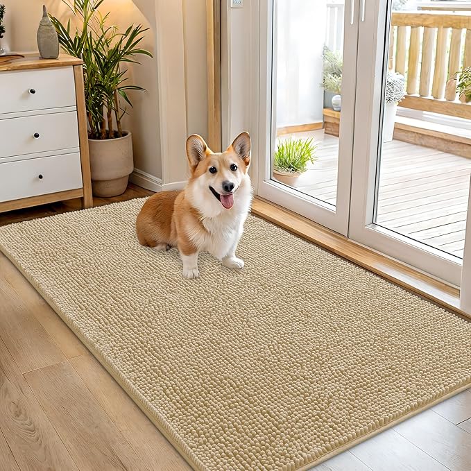 OLANLY Dog Door Mat for Muddy Paws 54x32, Super Absorbent Chenille Mud Mat | Beige, Absorbs Moisture and Dirt, Non-Slip Machine Washable Doormat, Quick-Drying Indoor Entryway Floor Carpet for Dogs