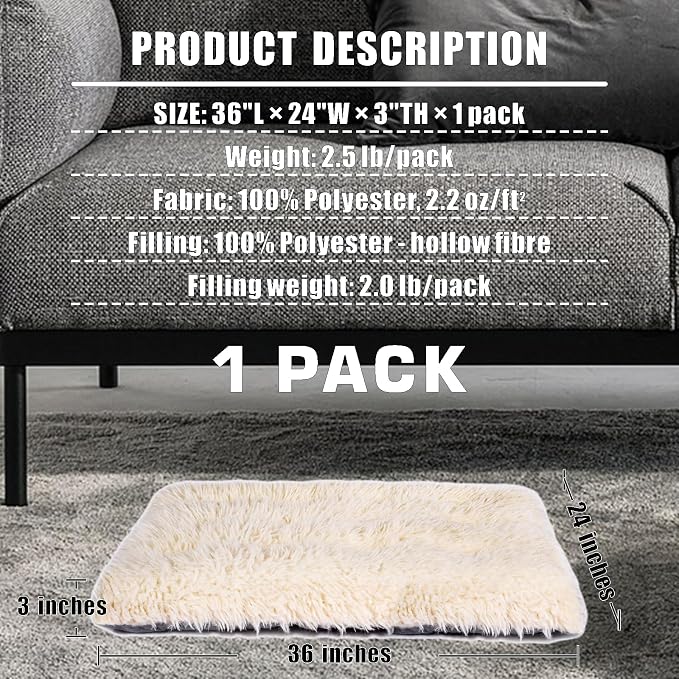 Machine Washable Dog Bed, Deluxe Plush Dog Crate Pad and Cat Bed, Anti-Slip Bottom Kennel Pad Mat, Fuzzy Pet Beds for Large, Medium, Small Dogs Breeds (Ivory, 36.0" L x 24.0" W x 3.0" Th x 1 Pack)