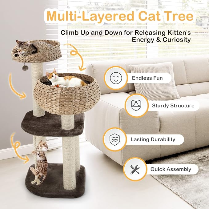 41 Inch Modern Cat Tree for Indoor Cats, Multi-Level Cat Tower with Scratching Posts, Hand-Made Wicker Cat Condo & Top Perch, Dangling Ball, Sisal Rope, Cute Cat Tree for Indoor Cats