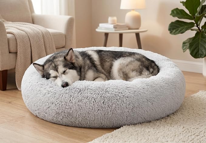SAVFOX 36 inches Calming Donut Dog Bed - 3X Durable Plush Faux Fur, Machine Washable & Non-Slip, Fits up to 100 lbs, Light Grey
