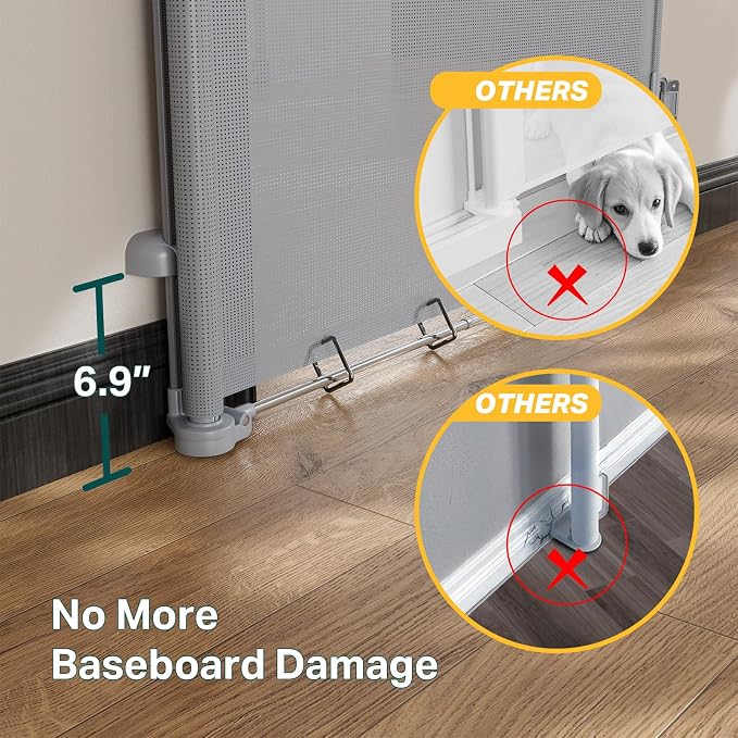 Cumbor 37-55" Retractable Baby Gates for Stairs & Doorways, Hardware Mounted Mesh Dog & Pet Gate, Easy Walk Through, One-Hand Operation, Anti-Crawl Adjustable Safety Gate for Dog, Indoor Outdoor Grey