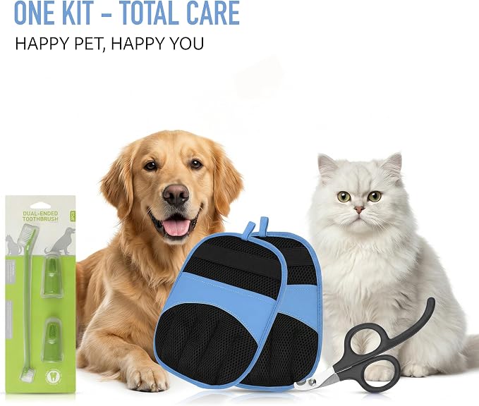 Double Pet Grooming Glove Set - 2 Pack Pet Hair Removal Glove with Free Nail Clippers & Pet Dental Kit for Dogs and Cats