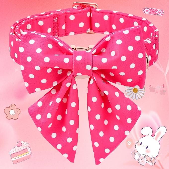 Pink Dog Collar for Girl Dogs, Spring Summer Pink Dots Dog Collar with Bowtie- Adjustable Female Sailor Bow Dog Collar for Large Dogs XL
