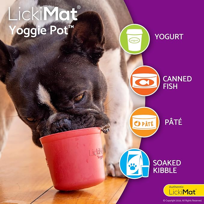 LICKIMAT Yoggie Pot - Distraction, Fun and Enrichment. Long Lasting Rubber Licking Treat Dispenser for All Dog Sizes and Slow Feeder for Small Dogs - Red