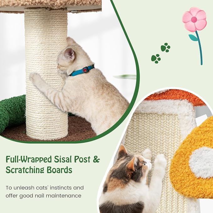 Tangkula Patented Mushroom Cat Tree, Cute Cat Tower with Full-Wrapped Sisal Post, Scratching Board & Spring Ball, Cat Condo, Flower Cat Tree Tower for Indoor Cats Large Adult (40.5 Inch)