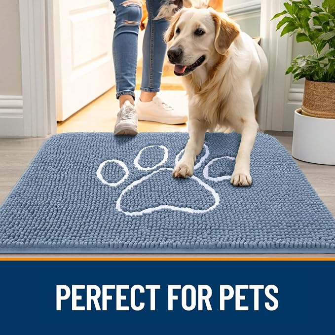 OLANLY Dog Door Mat for Muddy Paws 32x20, Paw Print Design Chenille Mud Mat | Airy Blue and White, Absorbent, Traps Moisture and Dirt, Non-Slip Washable Doormat, Quick-Dry Indoor Entryway Carpet for Dogs