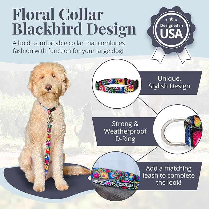 Lucky Love Dog - Adjustable Dog Collar with Easy Click Buckle for Large Ones, Durable, & Comfortable for Male & Female Dogs, Pet Collar for Puppies & Adult Dogs - Blackbird, Large