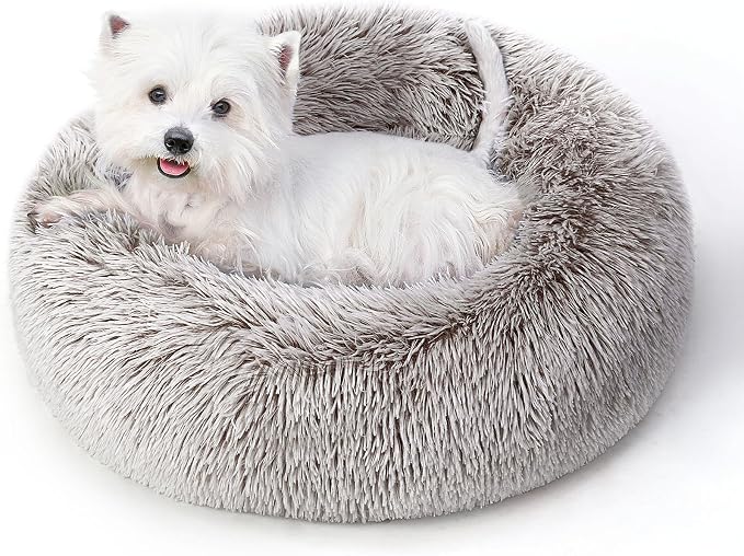 Calming Round Dog Bed & Cat Bed with Anti-Slip Bottom, Medium Size Washable Anti-Anxiety Donut Dog Beds for Small Dogs & Cats, Fluffy Plush Soft Dog Bed(24 Inch, Brown)