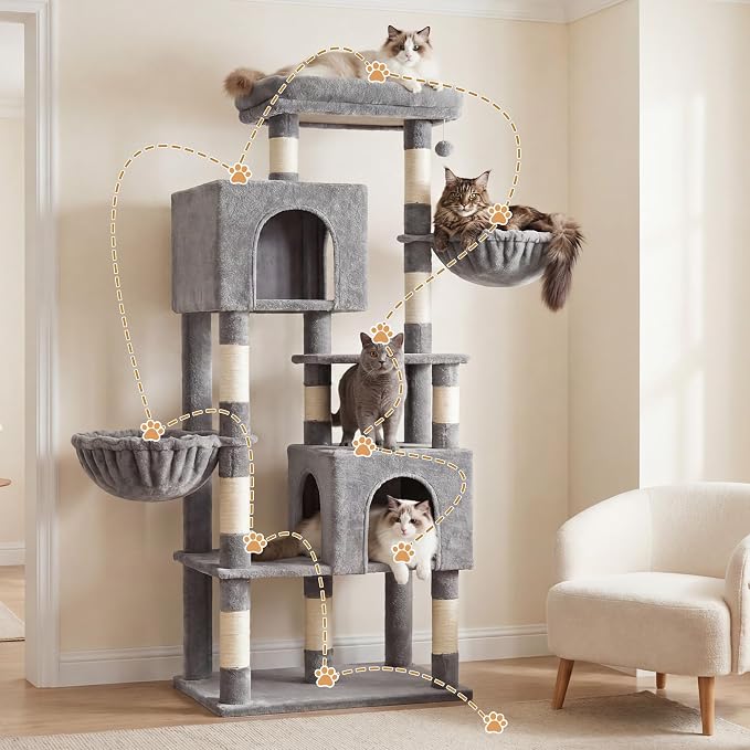 Heybly 68.1" Cat Tree with Oversized Top Platform & Wide Base HCT059W | Heavy Duty Cat Tower for Large Indoor Cats with 2 Condos, 2 Hammocks, 10 Sisal Scratching Posts, Stable Cat House, Light Gray