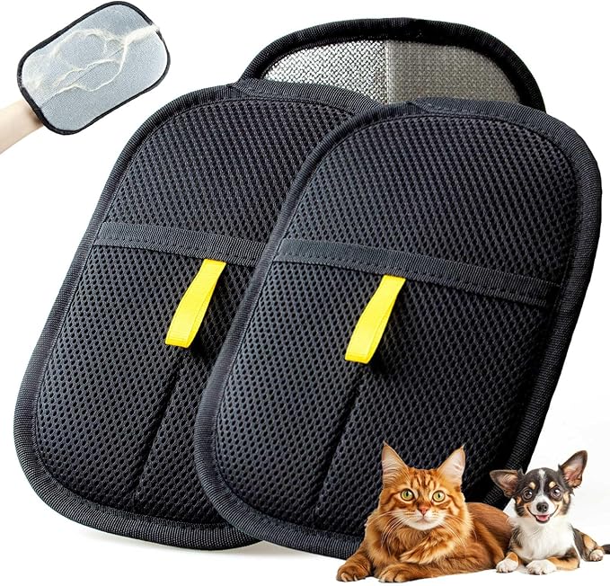 Thickened Pet Hair Removal Glove for Fabric Surfaces, 2pcs-Black | Easy-On 2-Finger Design; Secure Stay-Put Fit; Easy Hair Pickup; Reusable Design; Sofas, Beds, Carpets, Pet Beds and Car Seats